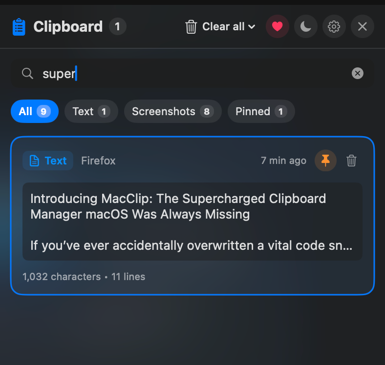 Live Fuzzy Search and Pinned Clips