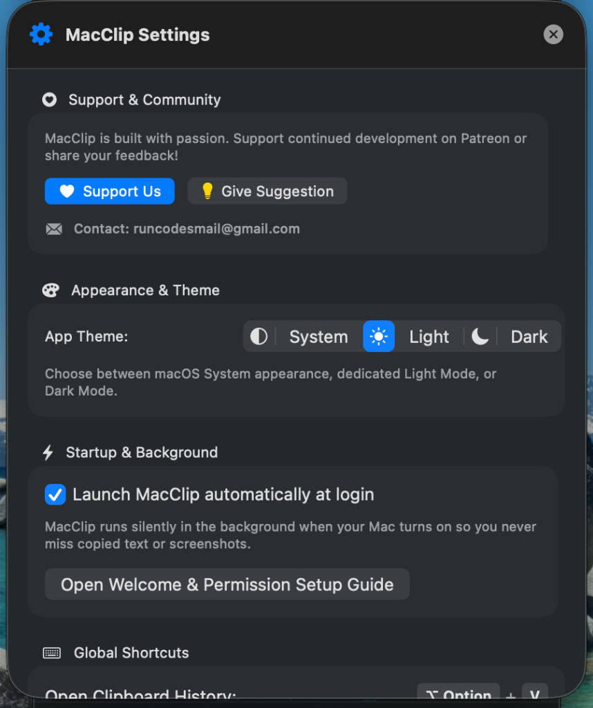 MacClip Preferences Modal